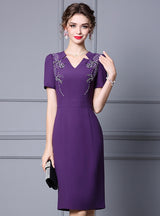 Purple Short Sleeve Beading Mother Of The Bride Dress