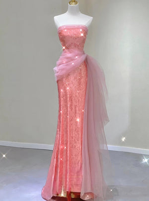 Pink Mermaid Sequins Strapless Prom Dress