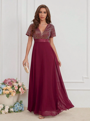 Chiffon Sequins V-neck Short Sleeve Prom Dress