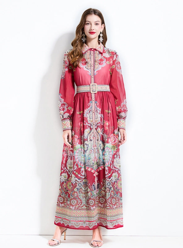 Palace Shirt Neck Breasted Long Printed Dress