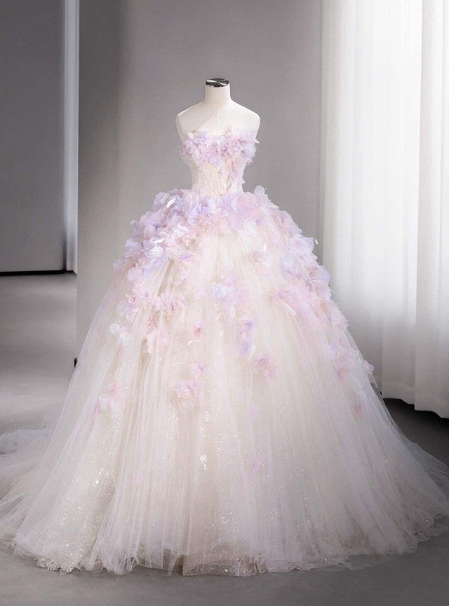 Ball Gown Strapless Tulle 3D Flower Wedding Dress