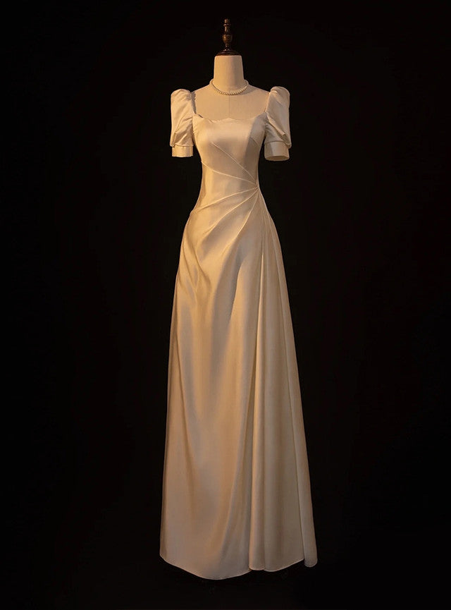 White Satin Short Sleeve Pleats Wedding Dress