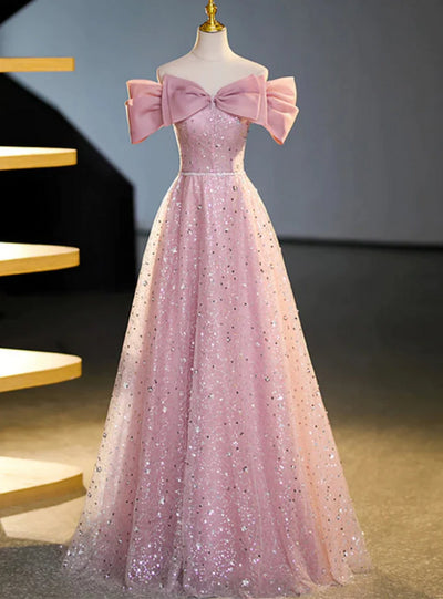 Pink Tulle Sequins Off the Shoulder Prom Dress