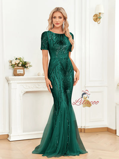 Gren Mermaid Sequins Short Sleeve Prom Dress