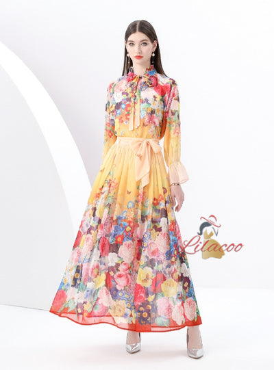 Women Printed Chiffon Shirt+Skirt Suit