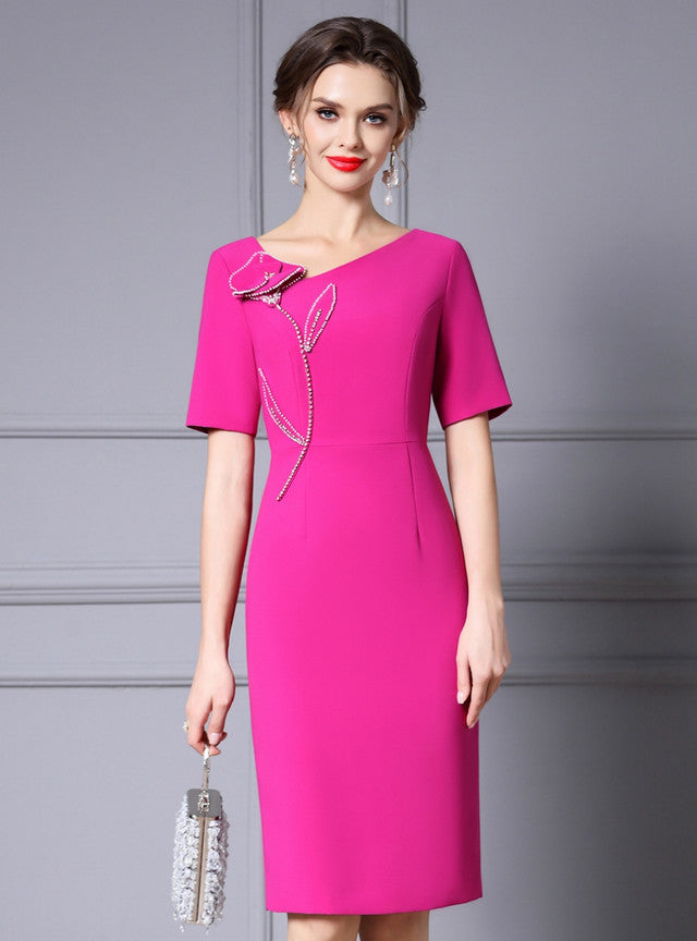 Fuchsia Short Sleeve Beading Mother Of The Bride Dress