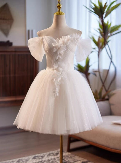 White Tulle Pleats 3D Flower Wedding Dress