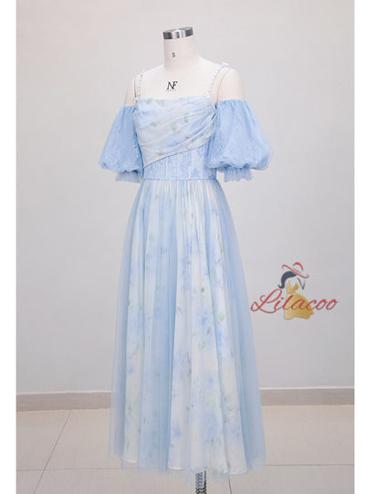 Strap Pleated Print Lantern Sleeve Dress