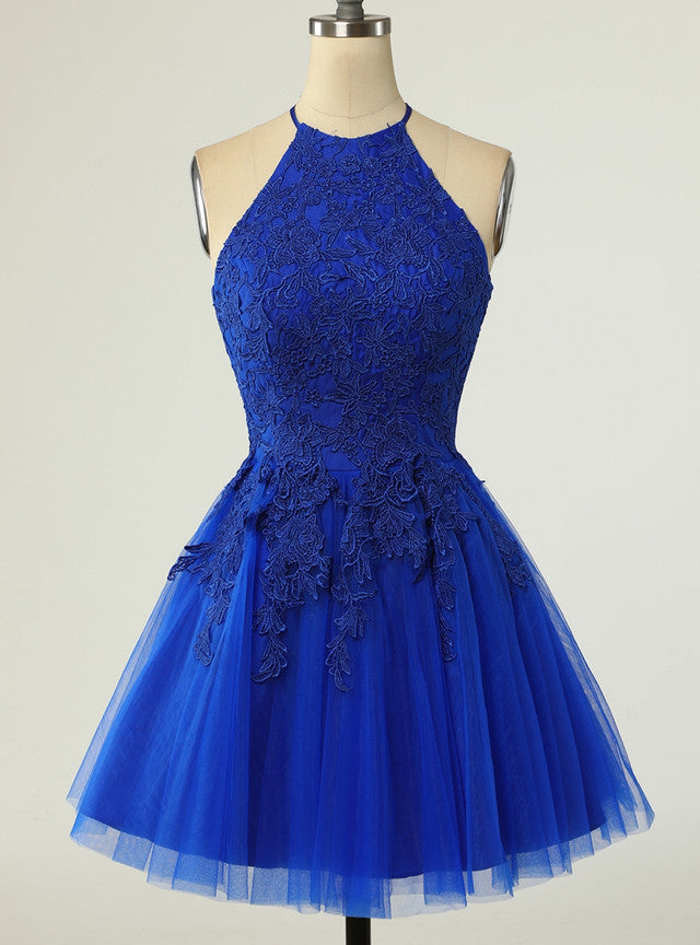 Royal Blue Tulle Halter Appliques Homecoming Dress
