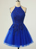 Royal Blue Tulle Halter Appliques Homecoming Dress