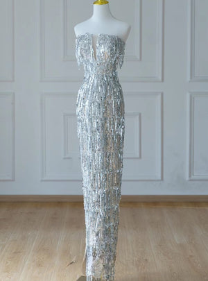 Silver Mermaid Sequins Strapless Prom Dress