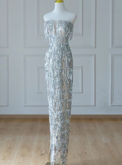 Silver Mermaid Sequins Strapless Prom Dress