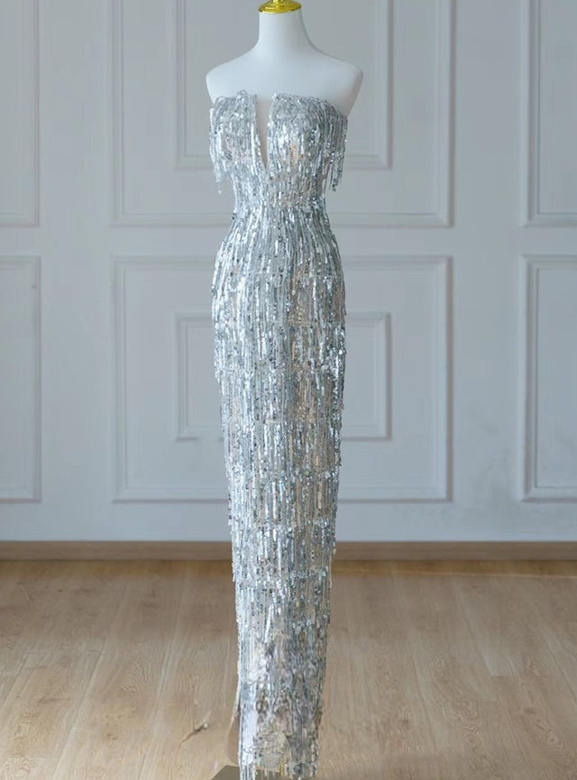 Silver Mermaid Sequins Strapless Prom Dress