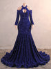 Blue Mermaid Halter Sequins Long Sleeve Prom Dress