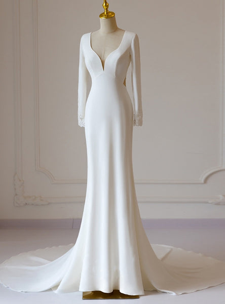 White Mermaid Appliques Long Sleeve Wedding Dress