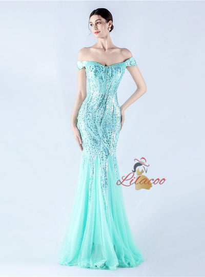 Mermaid Sequins Off the Shoulder Beading Prom Dress