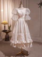Ivory Satin Lace Short Sleeve Wedding Dress