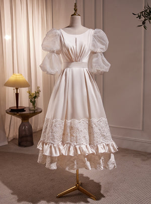 Ivory Satin Lace Short Sleeve Wedding Dress