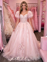 Pink Tulle Puff Sleeve Appliques Prom Dress