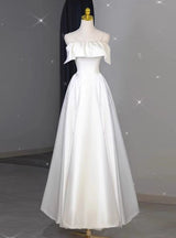 White Satin Spaghetti Straps Wedding Dress