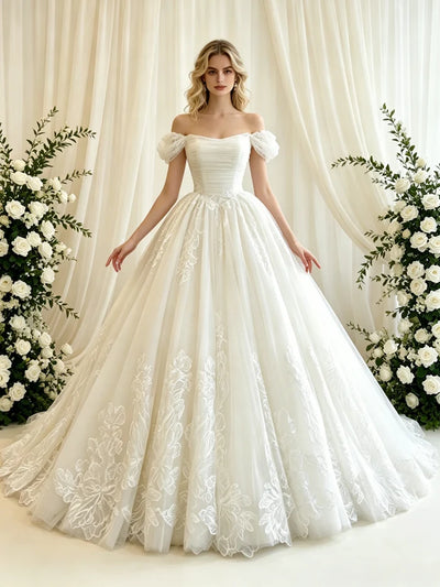 Beige White Tulle Lace Appliques Wedding Dress