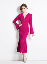 Horn Long Sleeve V-neck Lace Dress