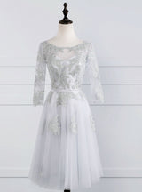 Gray Tulle Appliques Short Sleeve Homecoming Dress