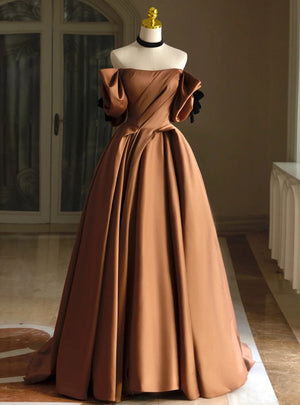 Brown Satin Off the Shoulder Pleats Prom Dress