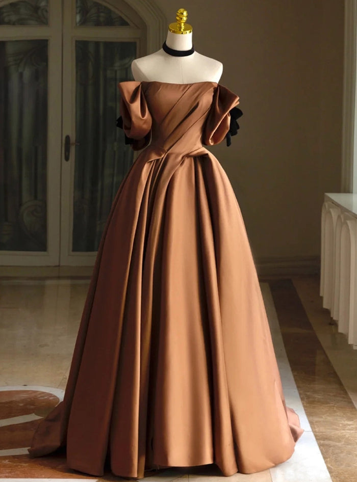 Brown Satin Off the Shoulder Pleats Prom Dress