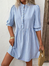 Vertical Striped Shirt Short Sleeve Dress