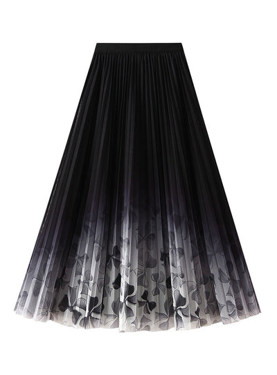Long Printed Floral Mesh Skirt