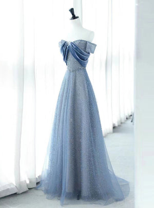 Blue Tulle Sequins Velvet Pleats Prom Dress