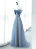 Blue Tulle Sequins Velvet Pleats Prom Dress