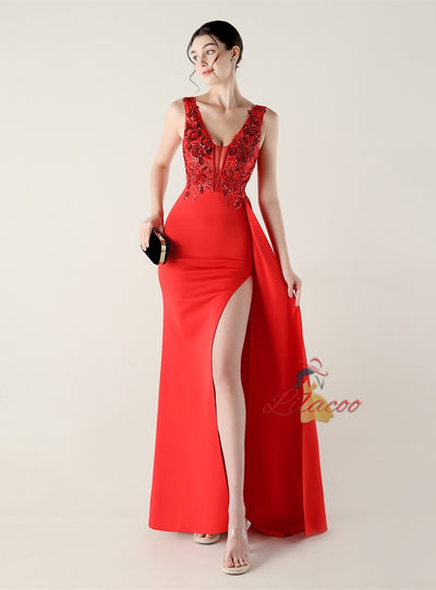 Mermaid V-neck Split Appliques Prom Dress