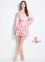 Slim Lantern Sleeve Ruffled Printed Dress