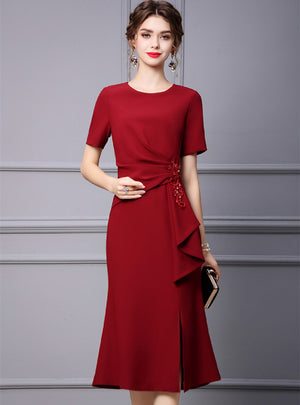 Burgundy Short Sleeve Beading Mother Of The Bride Dress