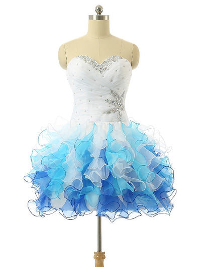 White Blue Organza Beading Homecoming Dress