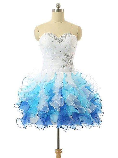 White Blue Organza Beading Homecoming Dress