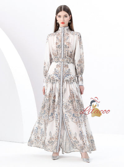 Palace Lantern Sleeve Button Print Dress