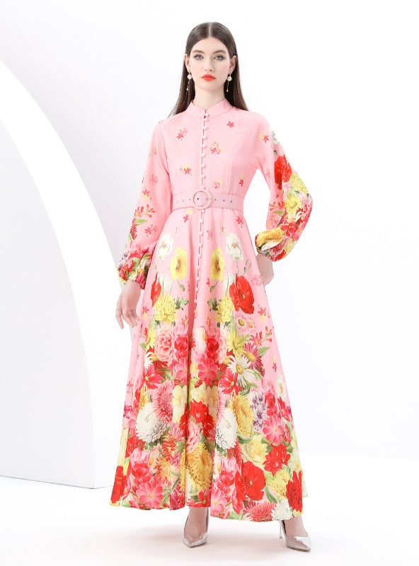 Retro Stand-up Printed Long Dress