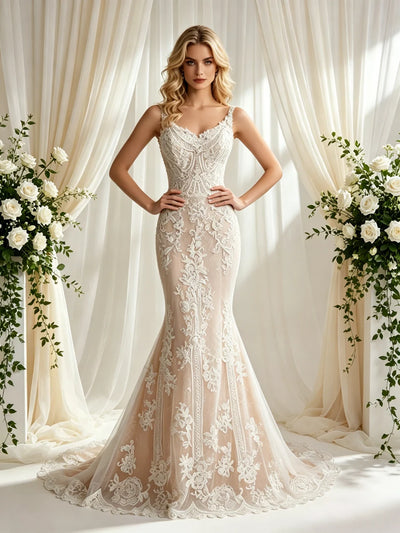 Champagne Mermaid Lace Straps Wedding Dress