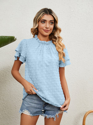 Solid Color Short Sleeve Jacquard Chiffon Shirt