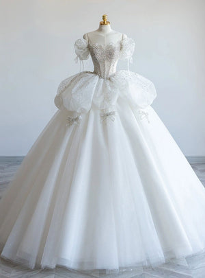 White Tulle Off the Shoulder Beading Wedding Dress