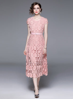 Pink Hollow Lace Party Dress