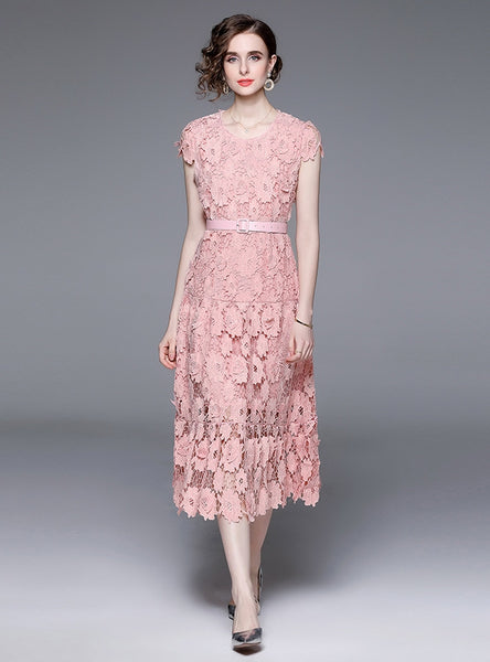 Pink Hollow Lace Party Dress
