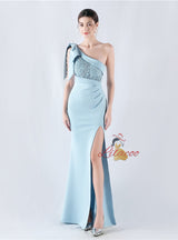Mermaid One Shoulder Split Appliques Prom Dress