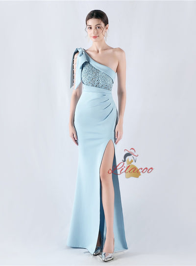 Mermaid One Shoulder Split Appliques Prom Dress