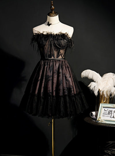 Black Tulle Lace Feather Homecoming Dress
