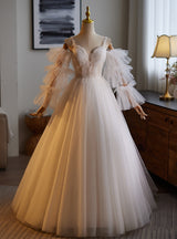 White Tulle Straps Lace Long Sleeve Wedding Dress