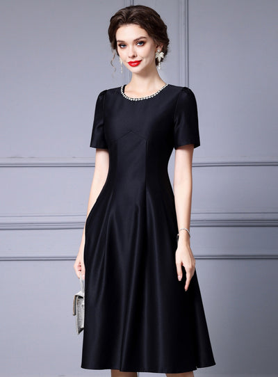Black Satin Short Sleeve Mother Of The Bride Dress